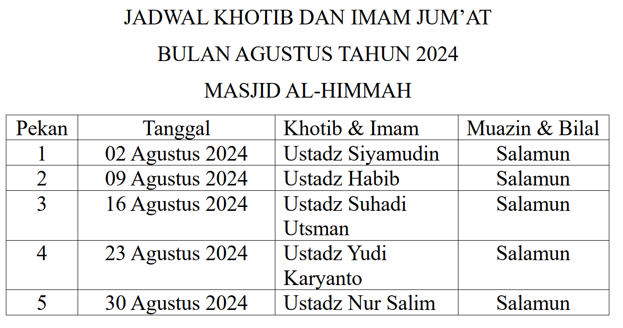 Jadwal Sholat Jum'at Bulan Agustus