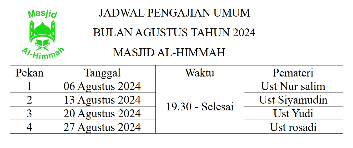 Jadwal Pengajian Umum Bulan Agustus Masjid Al-Himmah